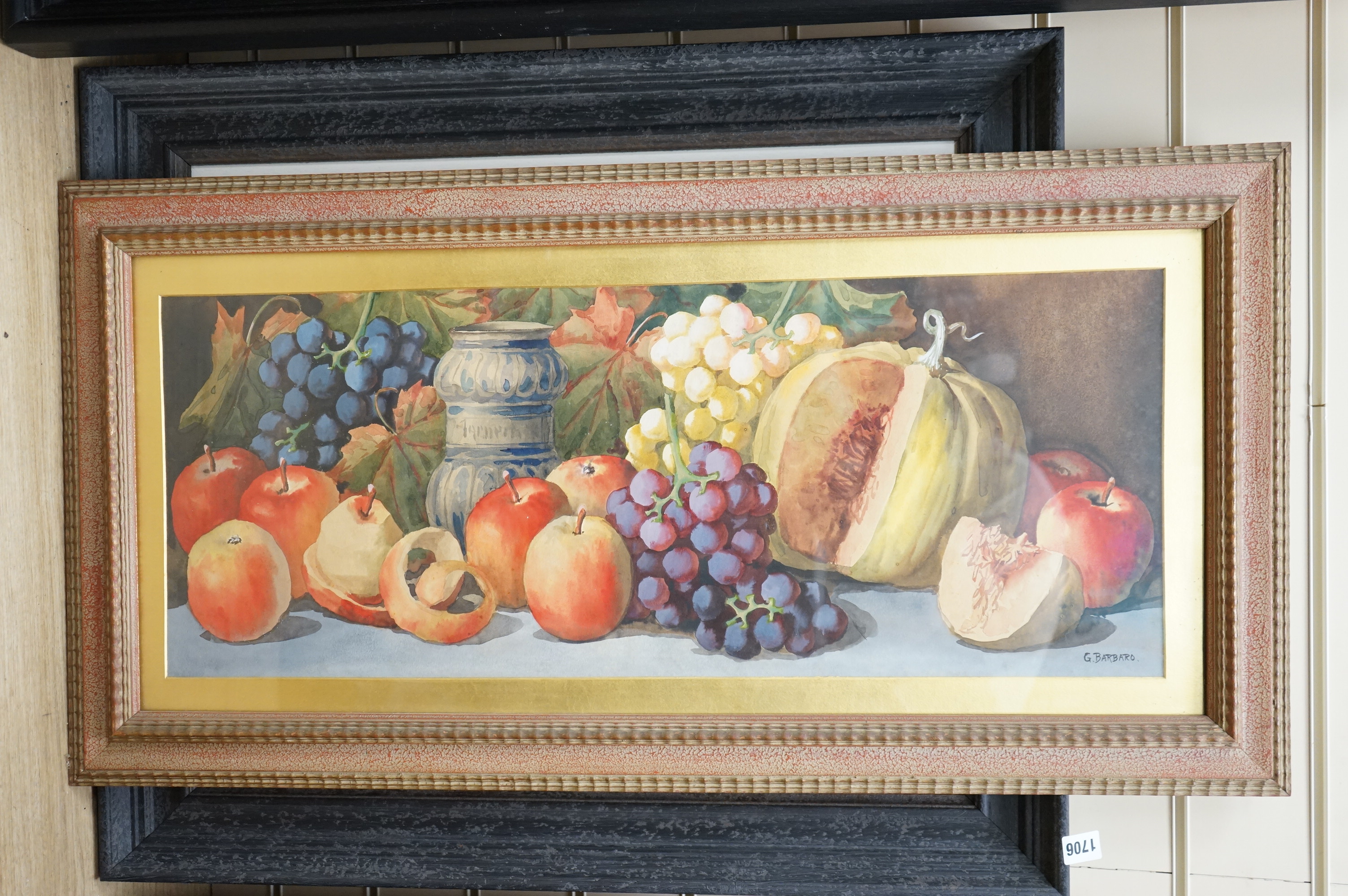 Giovanni Barbaro (1864-1915), watercolour, Still life of fruit and a delft vase, 30 x 77cm